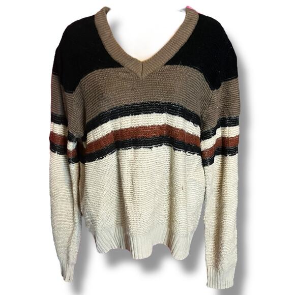 Vintage Striped Knit Sweater Neutral Earth Tones V-Neck Size L - Picture 3 of 9